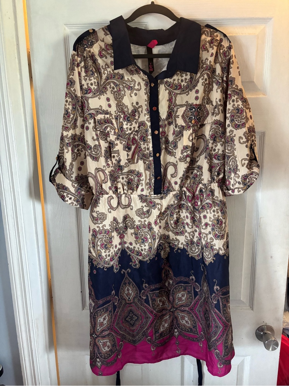 Pure Energy Cream, Navy & Pink Paisley Button-Front Dress
